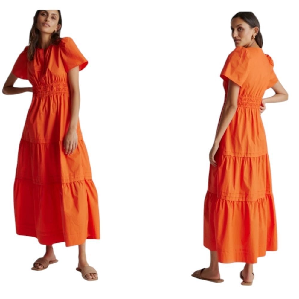 NWT Quince 100% Organic Cotton Poplin Tiered Maxi Dress Vermilion Red Size XS